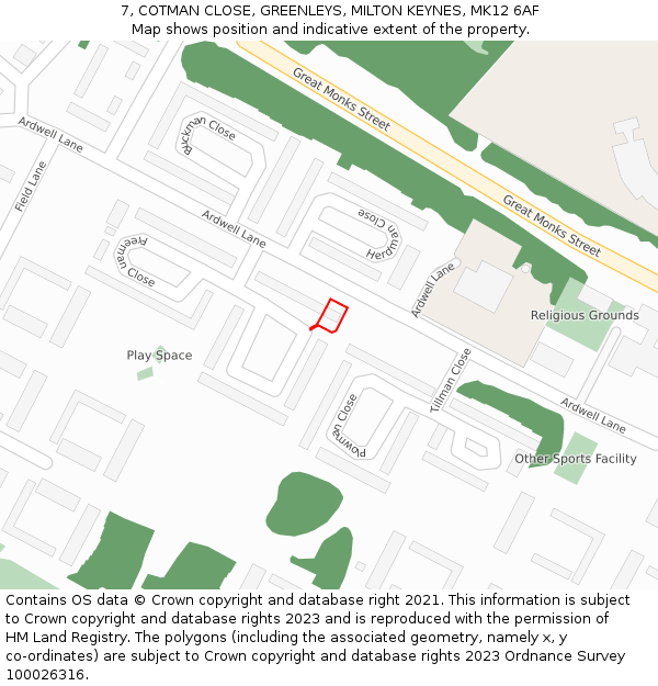 7, COTMAN CLOSE, GREENLEYS, MILTON KEYNES, MK12 6AF: Location map and indicative extent of plot