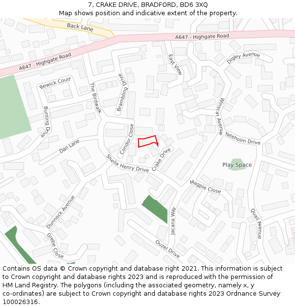 7, CRAKE DRIVE, BRADFORD, BD6 3XQ: Location map and indicative extent of plot