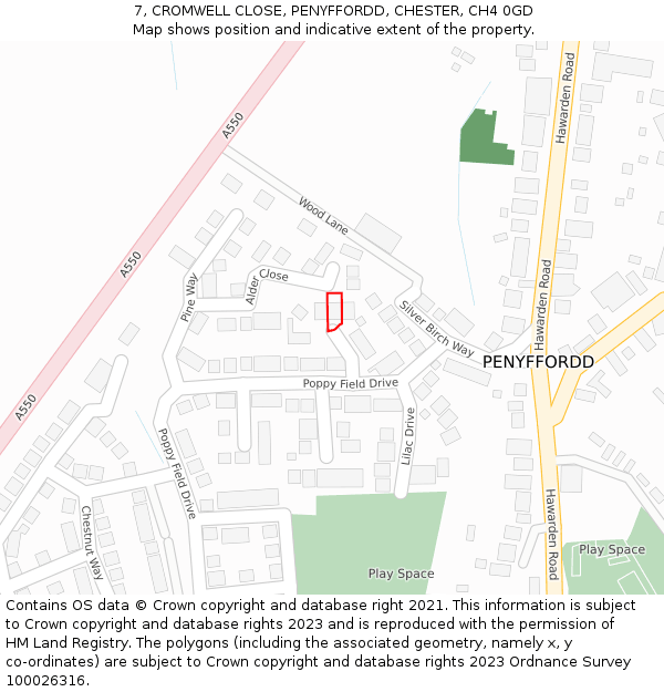 7, CROMWELL CLOSE, PENYFFORDD, CHESTER, CH4 0GD: Location map and indicative extent of plot