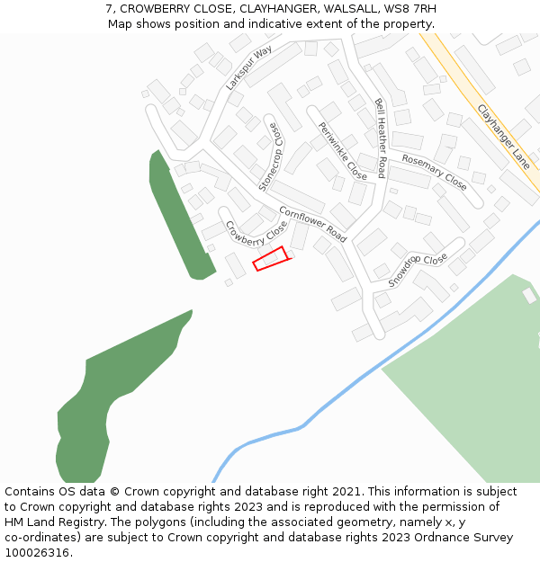 7, CROWBERRY CLOSE, CLAYHANGER, WALSALL, WS8 7RH: Location map and indicative extent of plot