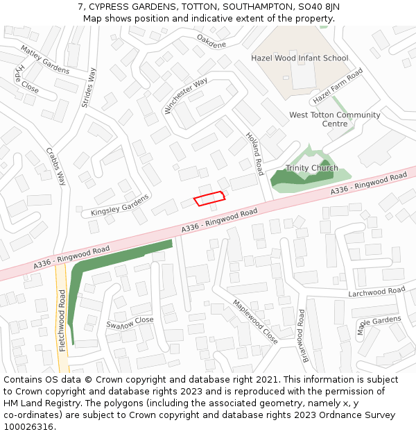 7, CYPRESS GARDENS, TOTTON, SOUTHAMPTON, SO40 8JN: Location map and indicative extent of plot