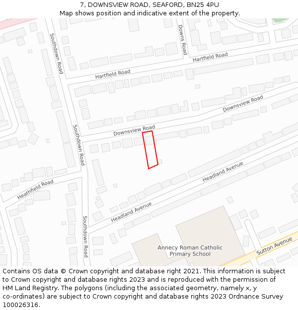 7, DOWNSVIEW ROAD, SEAFORD, BN25 4PU: Location map and indicative extent of plot