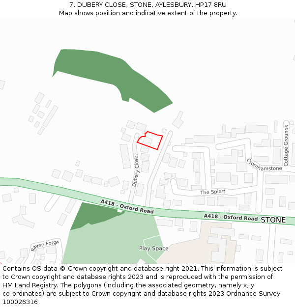 7, DUBERY CLOSE, STONE, AYLESBURY, HP17 8RU: Location map and indicative extent of plot