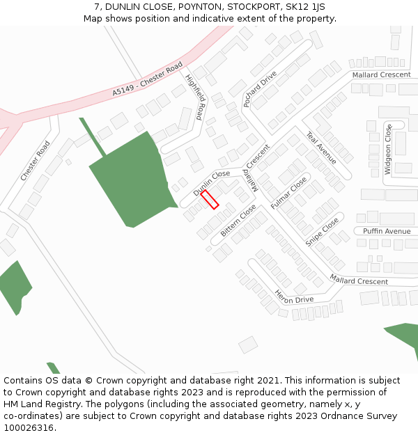 7, DUNLIN CLOSE, POYNTON, STOCKPORT, SK12 1JS: Location map and indicative extent of plot