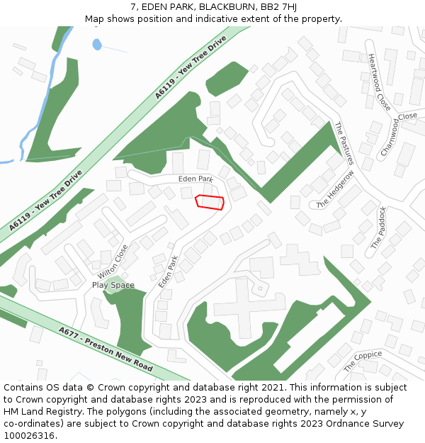 7, EDEN PARK, BLACKBURN, BB2 7HJ: Location map and indicative extent of plot