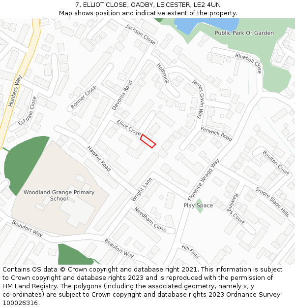 7, ELLIOT CLOSE, OADBY, LEICESTER, LE2 4UN: Location map and indicative extent of plot