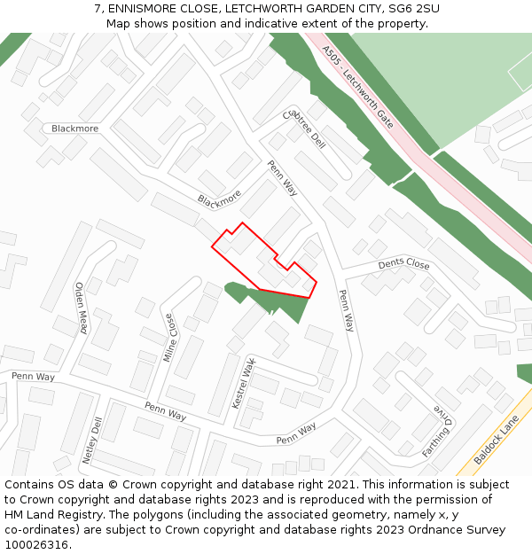 7, ENNISMORE CLOSE, LETCHWORTH GARDEN CITY, SG6 2SU: Location map and indicative extent of plot