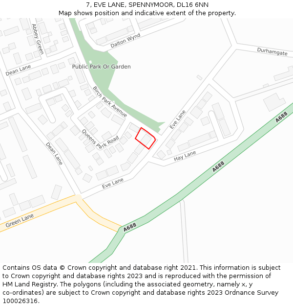 7, EVE LANE, SPENNYMOOR, DL16 6NN: Location map and indicative extent of plot