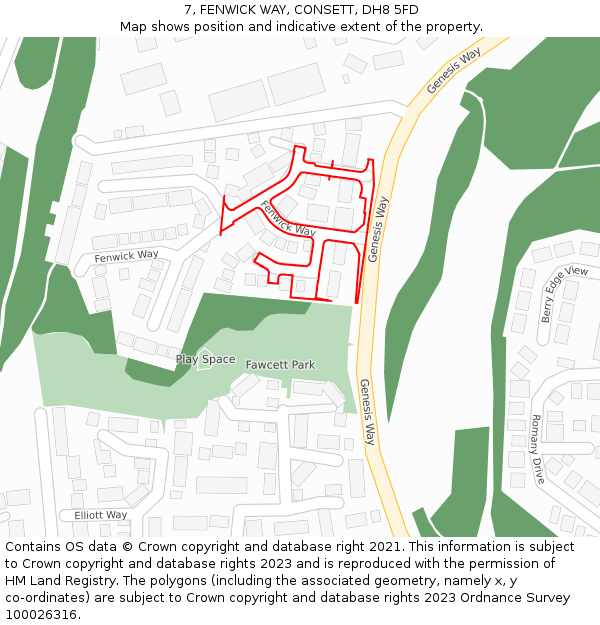 7, FENWICK WAY, CONSETT, DH8 5FD: Location map and indicative extent of plot