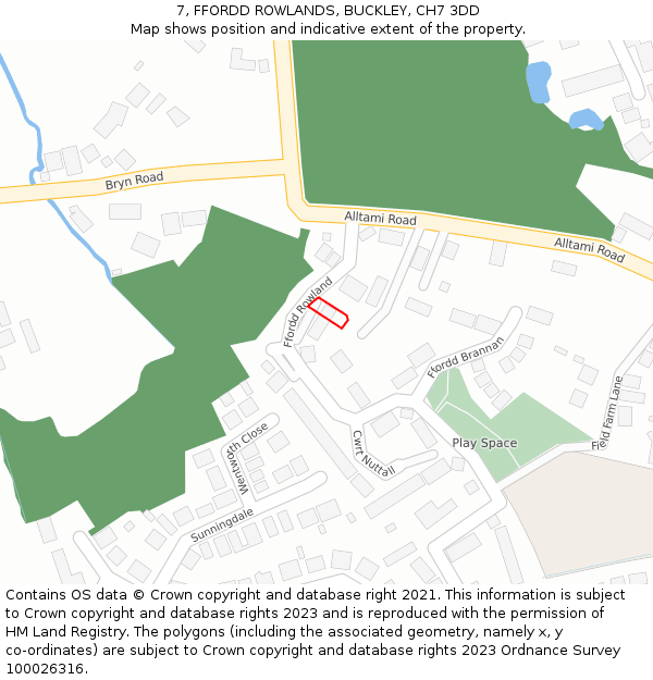 7, FFORDD ROWLANDS, BUCKLEY, CH7 3DD: Location map and indicative extent of plot