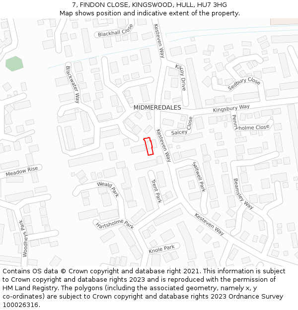 7, FINDON CLOSE, KINGSWOOD, HULL, HU7 3HG: Location map and indicative extent of plot