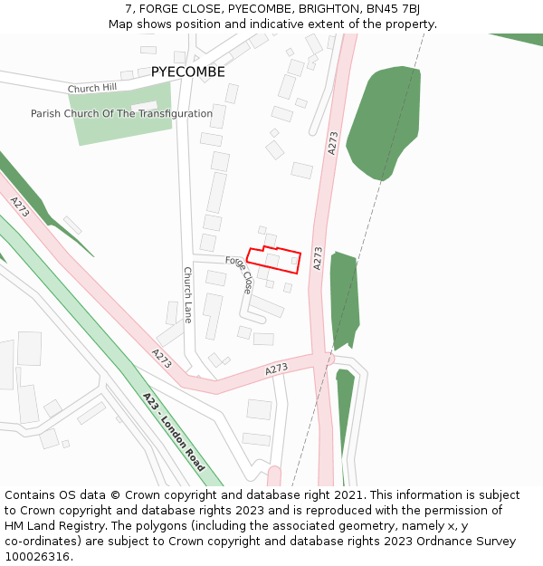 7, FORGE CLOSE, PYECOMBE, BRIGHTON, BN45 7BJ: Location map and indicative extent of plot