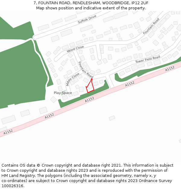 7, FOUNTAIN ROAD, RENDLESHAM, WOODBRIDGE, IP12 2UF: Location map and indicative extent of plot