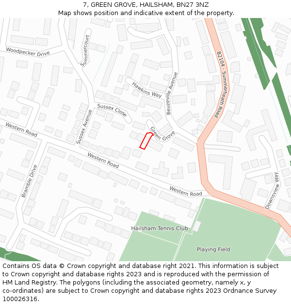 7, GREEN GROVE, HAILSHAM, BN27 3NZ: Location map and indicative extent of plot