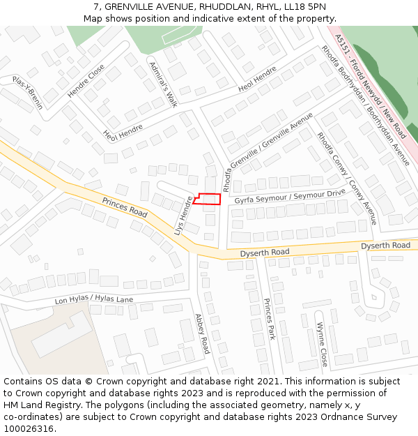 7, GRENVILLE AVENUE, RHUDDLAN, RHYL, LL18 5PN: Location map and indicative extent of plot