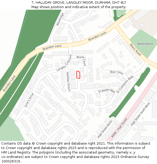 7, HALLIDAY GROVE, LANGLEY MOOR, DURHAM, DH7 8LT: Location map and indicative extent of plot