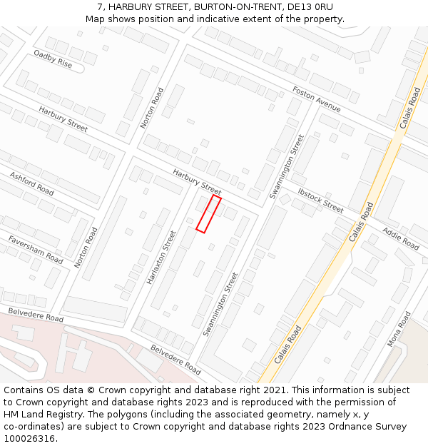 7, HARBURY STREET, BURTON-ON-TRENT, DE13 0RU: Location map and indicative extent of plot