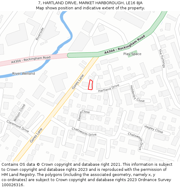 7, HARTLAND DRIVE, MARKET HARBOROUGH, LE16 8JA: Location map and indicative extent of plot