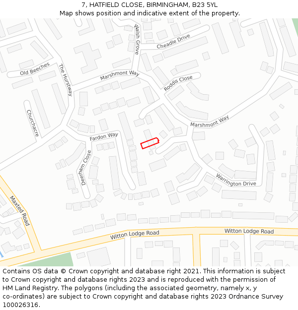 7, HATFIELD CLOSE, BIRMINGHAM, B23 5YL: Location map and indicative extent of plot