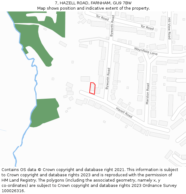 7, HAZELL ROAD, FARNHAM, GU9 7BW: Location map and indicative extent of plot