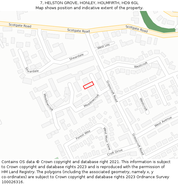 7, HELSTON GROVE, HONLEY, HOLMFIRTH, HD9 6GL: Location map and indicative extent of plot