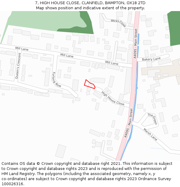 7, HIGH HOUSE CLOSE, CLANFIELD, BAMPTON, OX18 2TD: Location map and indicative extent of plot