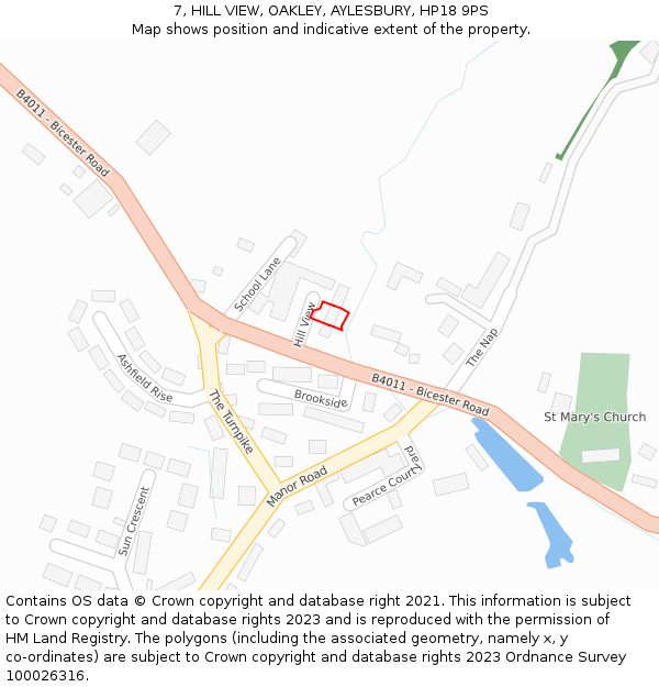 7, HILL VIEW, OAKLEY, AYLESBURY, HP18 9PS: Location map and indicative extent of plot