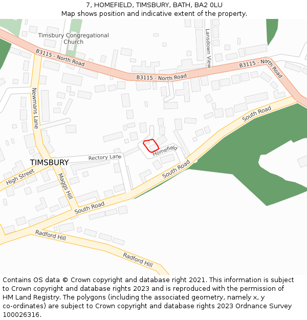 7, HOMEFIELD, TIMSBURY, BATH, BA2 0LU: Location map and indicative extent of plot