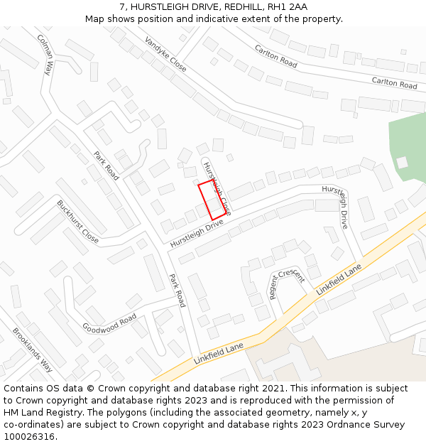 7, HURSTLEIGH DRIVE, REDHILL, RH1 2AA: Location map and indicative extent of plot