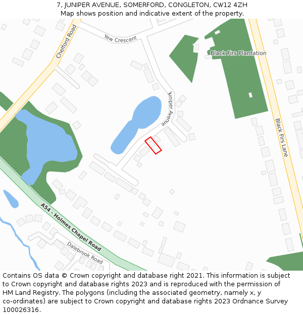 7, JUNIPER AVENUE, SOMERFORD, CONGLETON, CW12 4ZH: Location map and indicative extent of plot