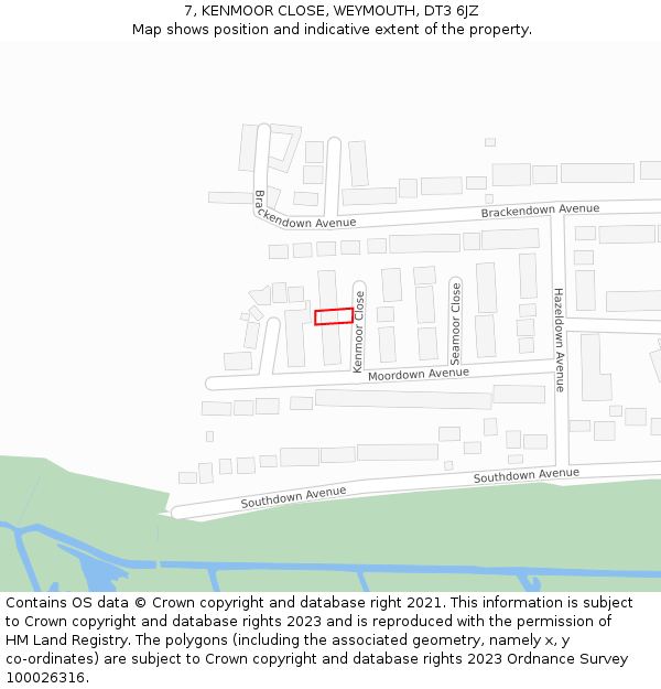 7, KENMOOR CLOSE, WEYMOUTH, DT3 6JZ: Location map and indicative extent of plot