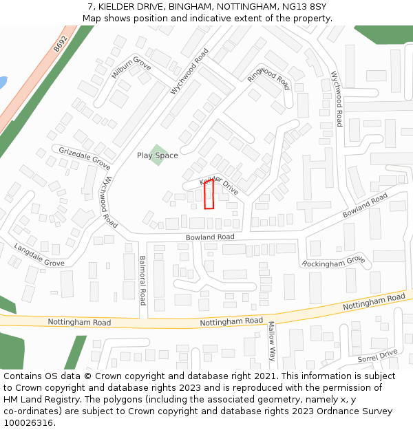 7, KIELDER DRIVE, BINGHAM, NOTTINGHAM, NG13 8SY: Location map and indicative extent of plot