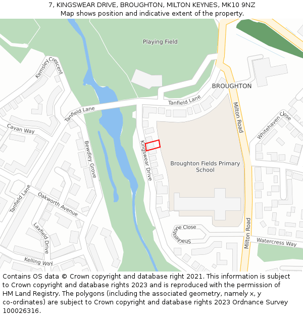 7, KINGSWEAR DRIVE, BROUGHTON, MILTON KEYNES, MK10 9NZ: Location map and indicative extent of plot