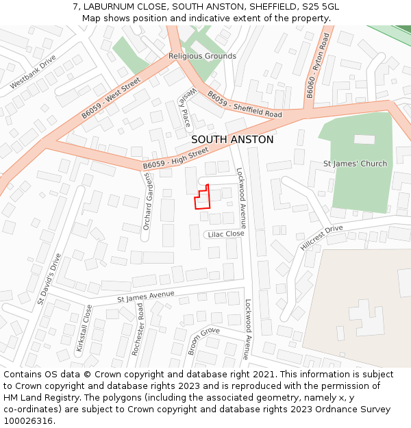 7, LABURNUM CLOSE, SOUTH ANSTON, SHEFFIELD, S25 5GL: Location map and indicative extent of plot