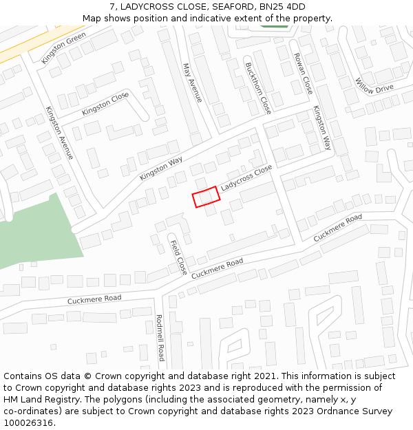 7, LADYCROSS CLOSE, SEAFORD, BN25 4DD: Location map and indicative extent of plot