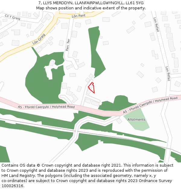 7, LLYS MERDDYN, LLANFAIRPWLLGWYNGYLL, LL61 5YG: Location map and indicative extent of plot