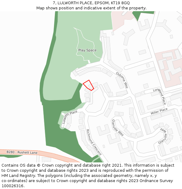 7, LULWORTH PLACE, EPSOM, KT19 8GQ: Location map and indicative extent of plot