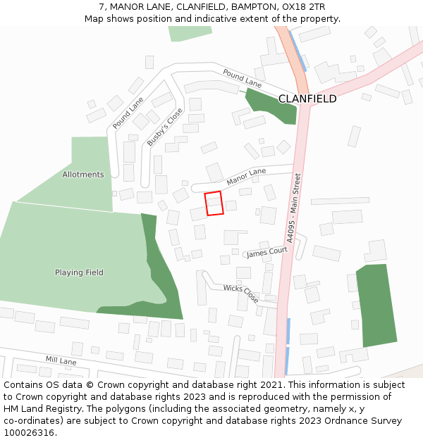 7, MANOR LANE, CLANFIELD, BAMPTON, OX18 2TR: Location map and indicative extent of plot