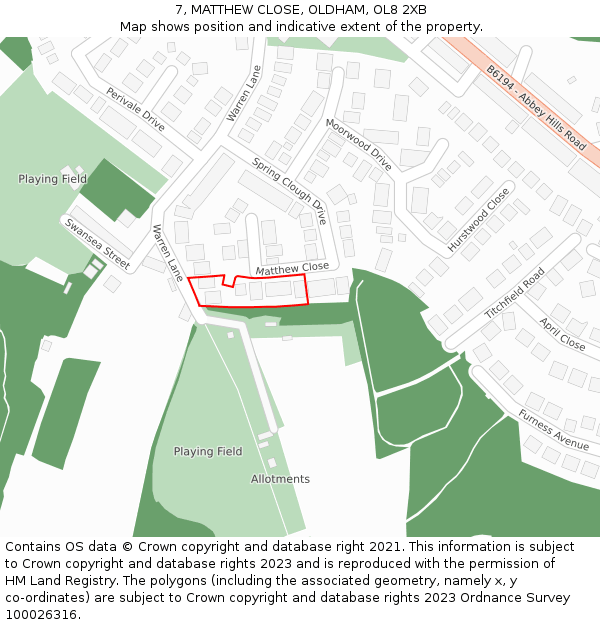 7, MATTHEW CLOSE, OLDHAM, OL8 2XB: Location map and indicative extent of plot