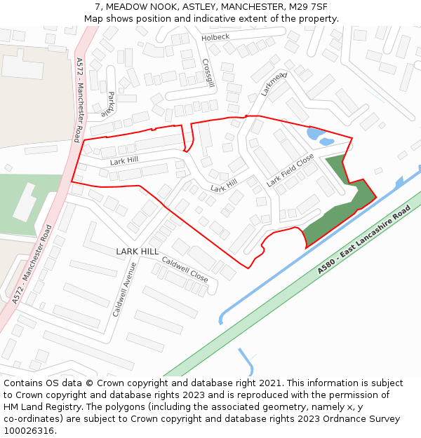 7, MEADOW NOOK, ASTLEY, MANCHESTER, M29 7SF: Location map and indicative extent of plot