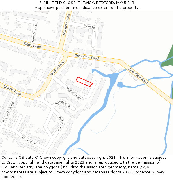 7, MILLFIELD CLOSE, FLITWICK, BEDFORD, MK45 1LB: Location map and indicative extent of plot