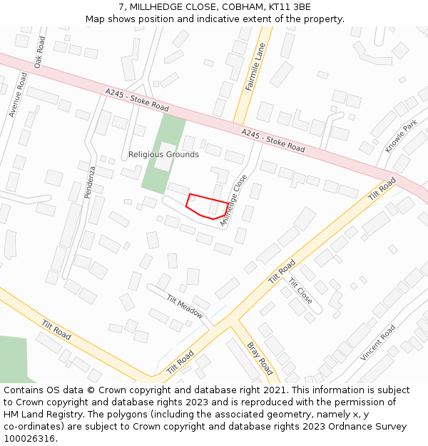 7, MILLHEDGE CLOSE, COBHAM, KT11 3BE: Location map and indicative extent of plot