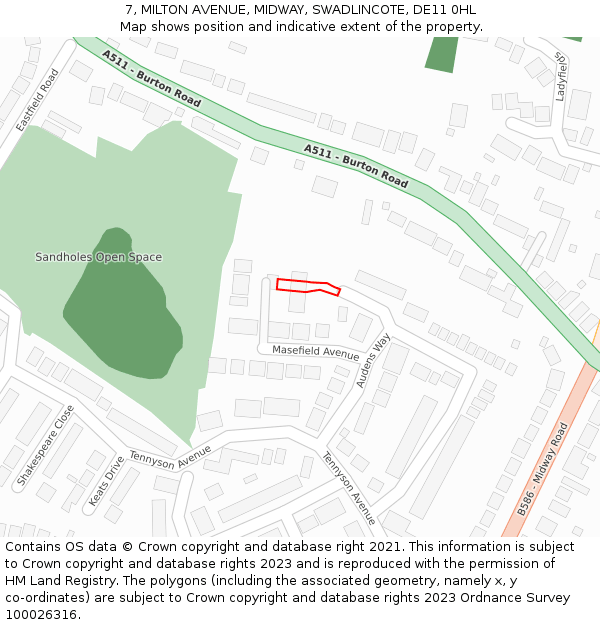 7, MILTON AVENUE, MIDWAY, SWADLINCOTE, DE11 0HL: Location map and indicative extent of plot