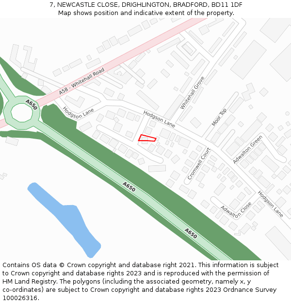 7, NEWCASTLE CLOSE, DRIGHLINGTON, BRADFORD, BD11 1DF: Location map and indicative extent of plot