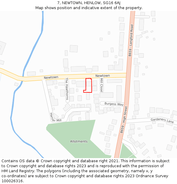 7, NEWTOWN, HENLOW, SG16 6AJ: Location map and indicative extent of plot