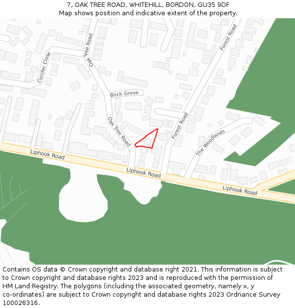 7, OAK TREE ROAD, WHITEHILL, BORDON, GU35 9DF: Location map and indicative extent of plot