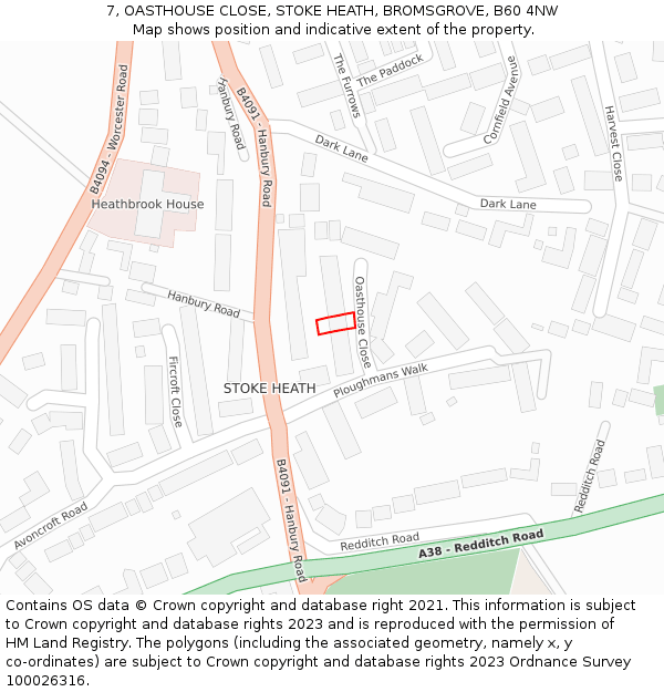 7, OASTHOUSE CLOSE, STOKE HEATH, BROMSGROVE, B60 4NW: Location map and indicative extent of plot