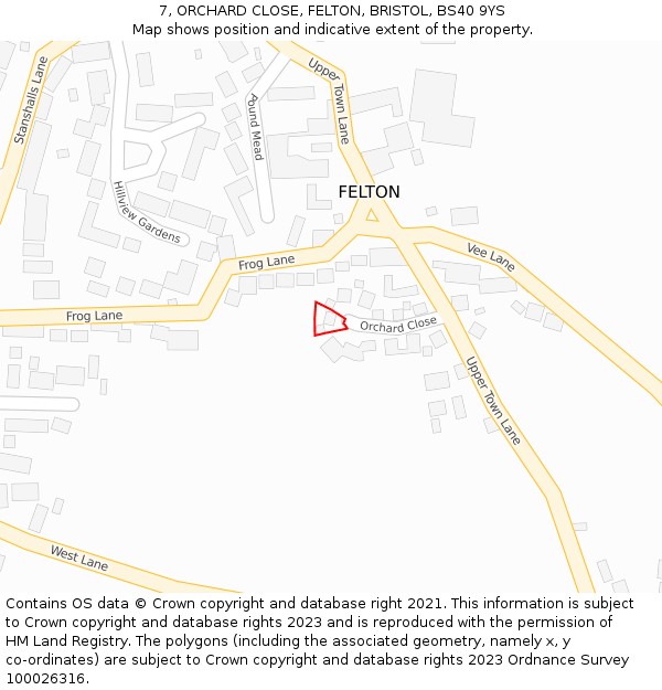 7, ORCHARD CLOSE, FELTON, BRISTOL, BS40 9YS: Location map and indicative extent of plot