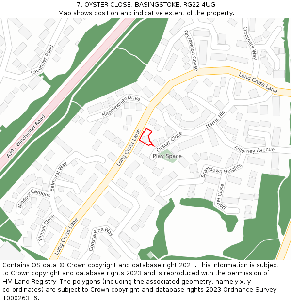 7, OYSTER CLOSE, BASINGSTOKE, RG22 4UG: Location map and indicative extent of plot