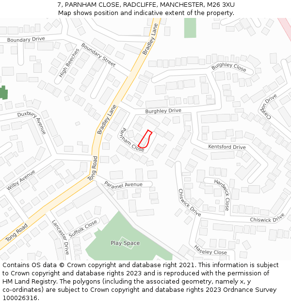 7, PARNHAM CLOSE, RADCLIFFE, MANCHESTER, M26 3XU: Location map and indicative extent of plot